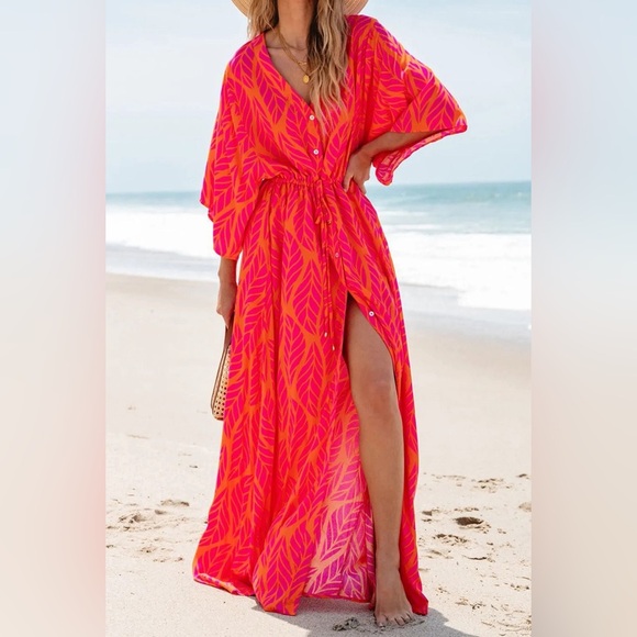 Drawstring Printed V-Neck Maxi Dress - Picture 1 of 6